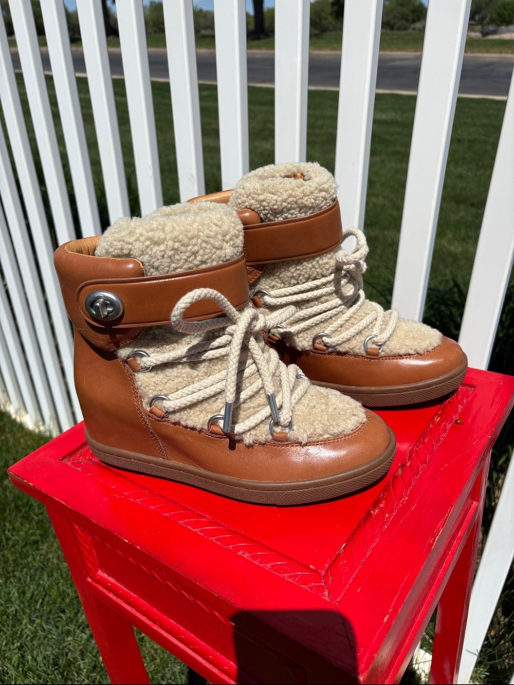 Coach Tan Shearling Monroe Wedge Booties, NWOB, Size 7.5